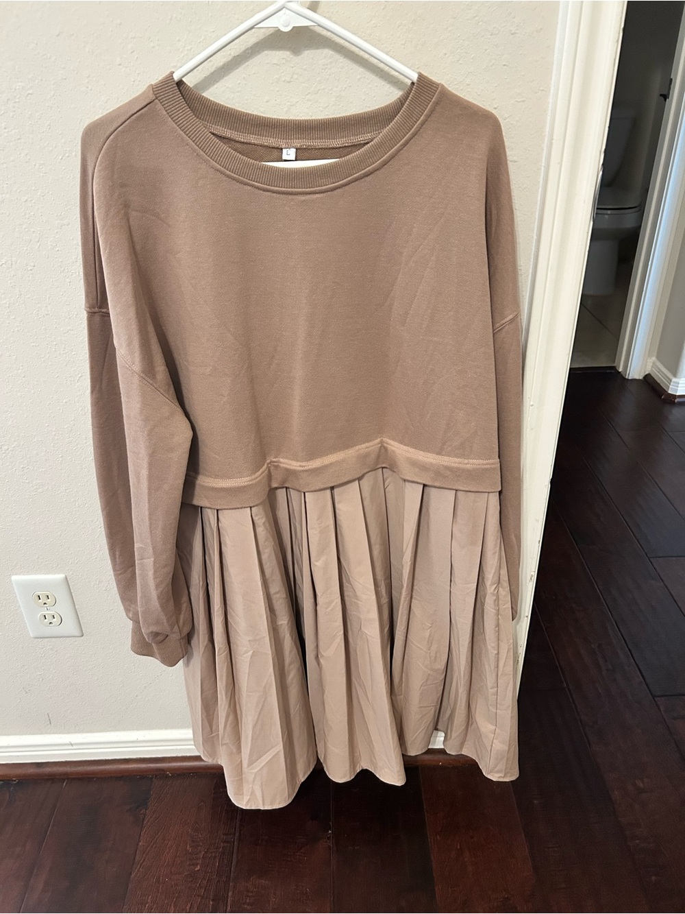 Amazon Taupe Pleated Sweatshirt Mini Dress